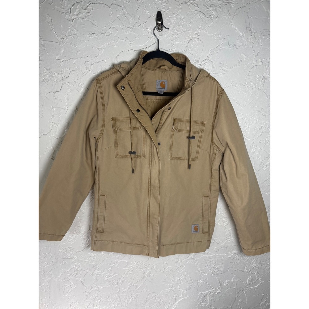 Carhartt Womens L 12/14 Tan Fargo Quilt Lined Work Canvas Hooded Jacket